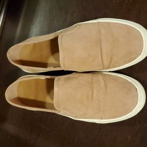 Pink suede slip ons